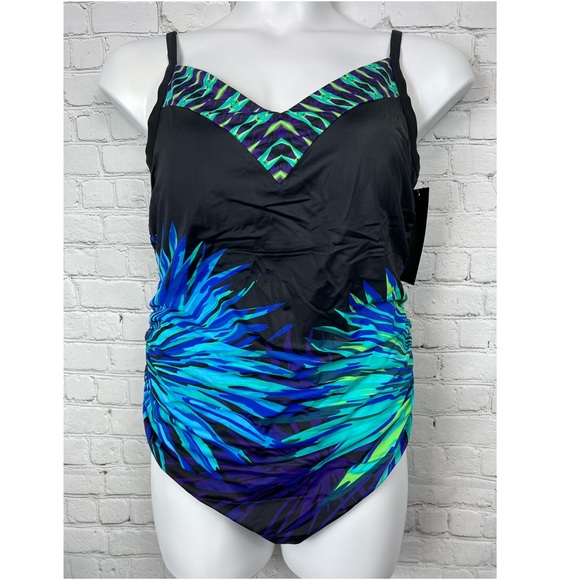 16W 18W Aqua Green V-Neck One Piece Swimsuit Plus Size - Picture 2 of 3